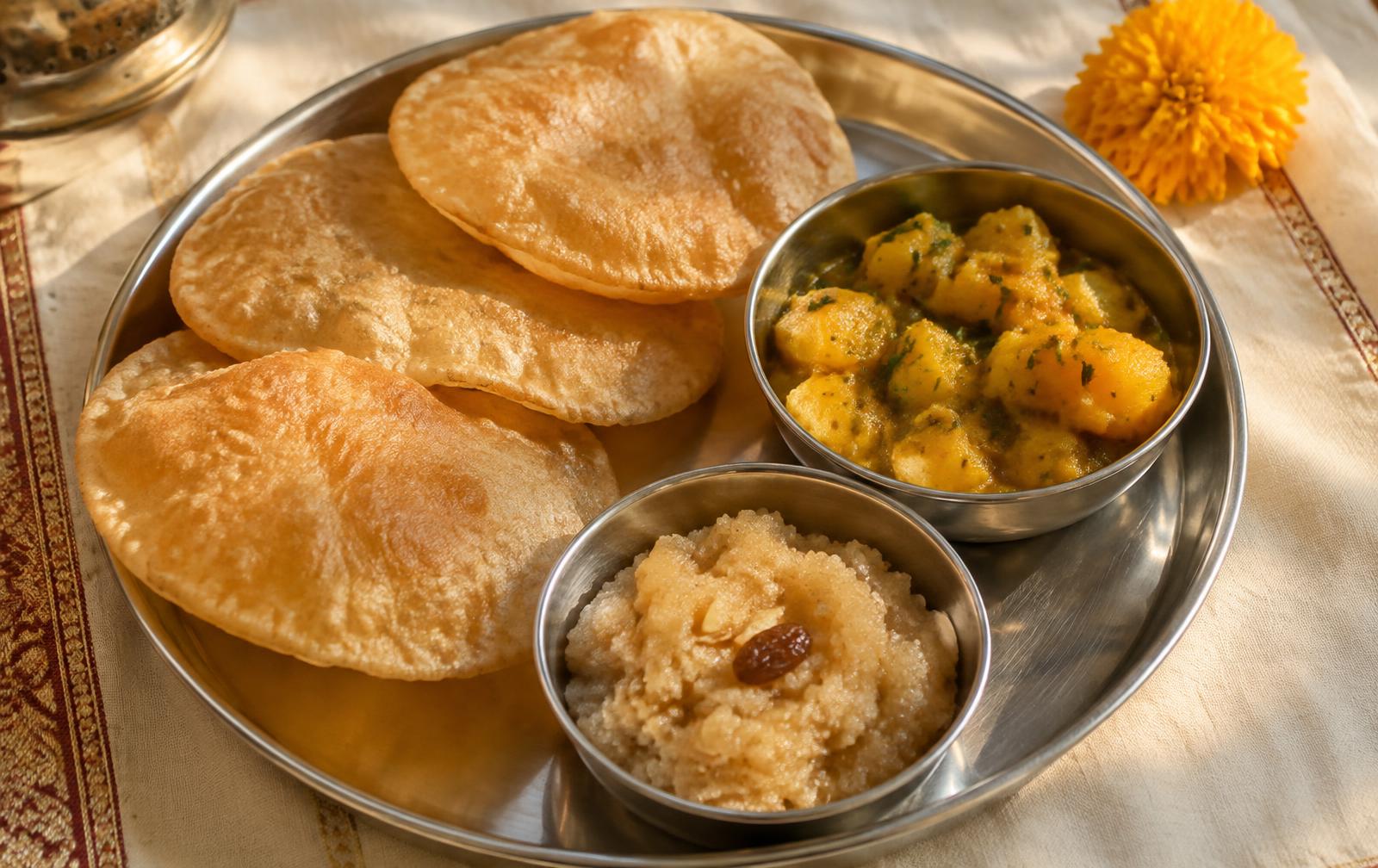 Freshly prepared bhandara thali with puri, aloo sabzi and halwa
