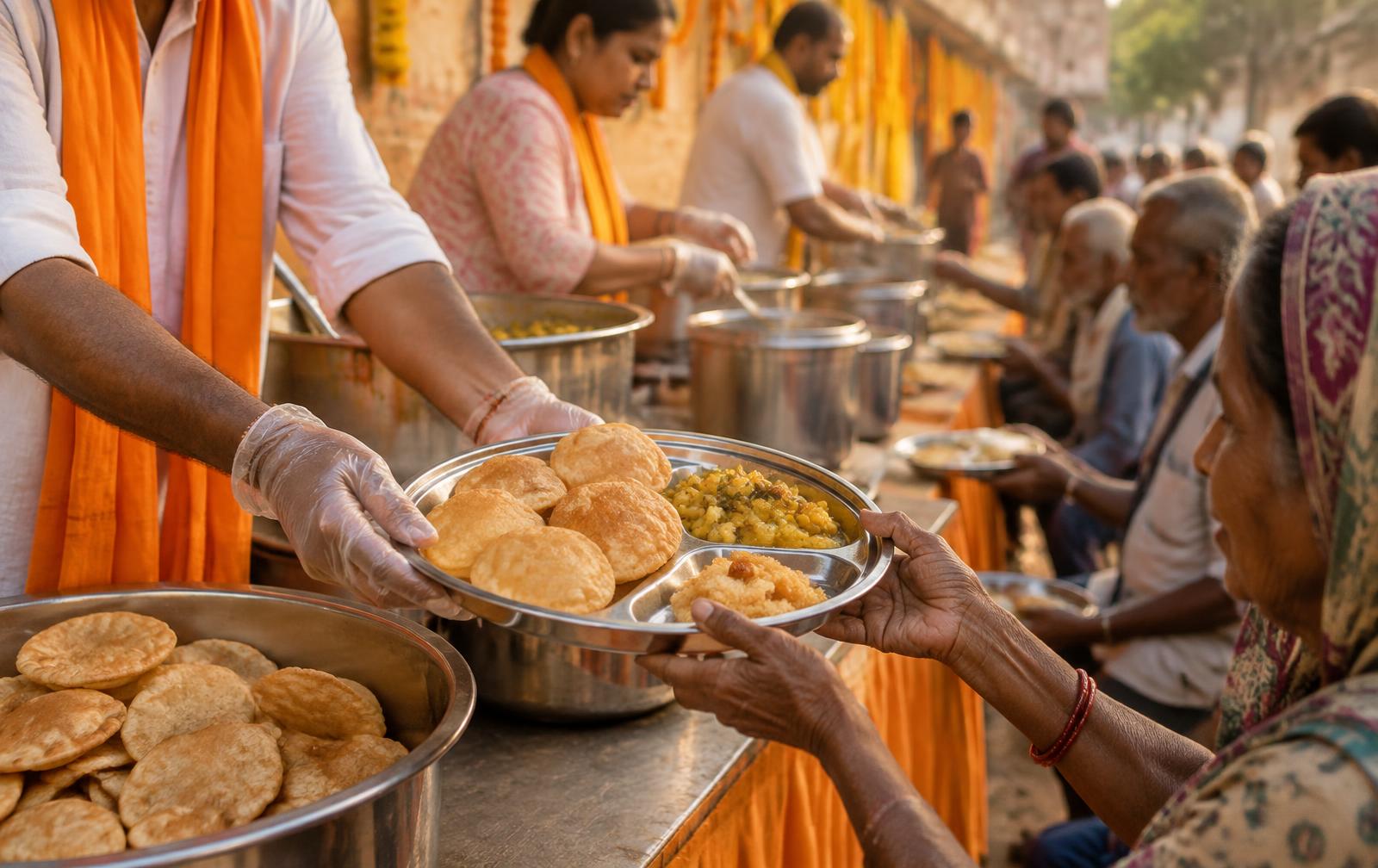 A volunteer respectfully serving a traditional meal during food seva