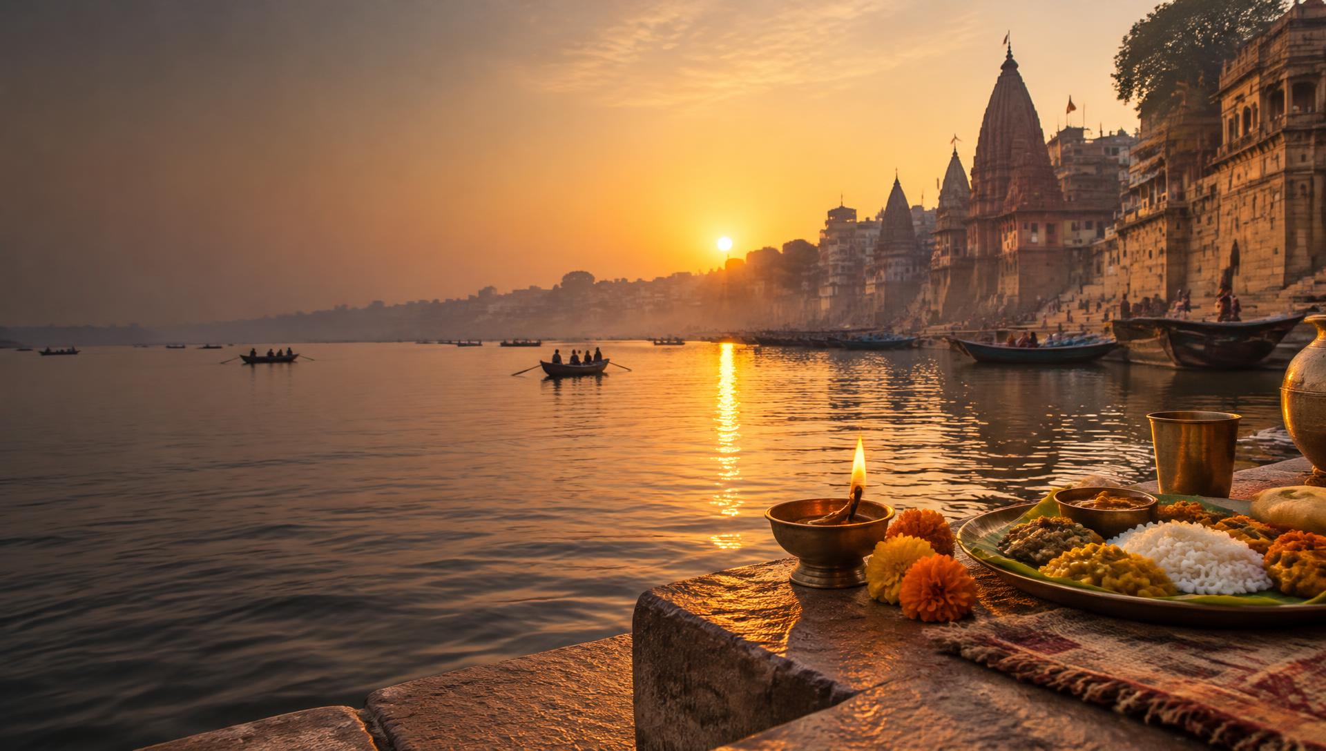 A peaceful Indian river ghat at sunrise with diya, marigold flowers and a meal thali